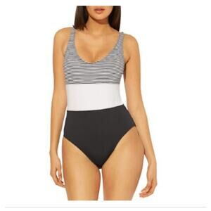 BLEU Black Stretch Tank Striped Color Block One Piece Swimsuit 4 NWT